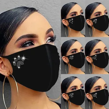 

1PC Diamond Black Face Mask Mouth Cover For Women Dustproof Reusable Drill Breathable Fashion Ice Cotton Masks Face Shield