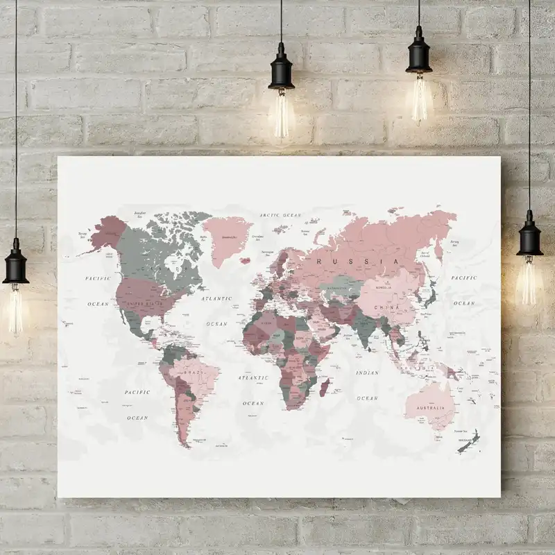 World Map Canvas Print Blush Pink Hunter Green Map Of The World