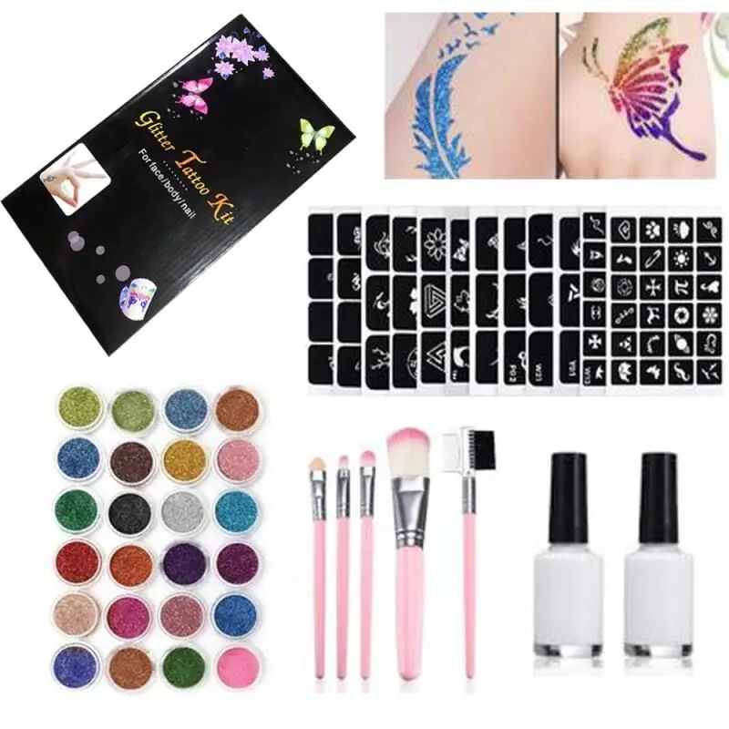 Glitter Tattoo Kits 24 Color 125 Templates Flash Diamond Flash for Temporary Tattoo Set Kids Face Body Painting Art Tools Set