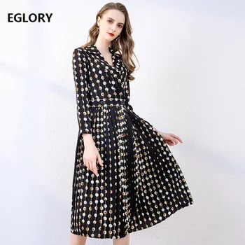 

2020 Spring Hot Sale Dress High Quality Business Women Notched Collar Polka Dot Prints Long Sleeve Mid-Calf Pleated Dress OL