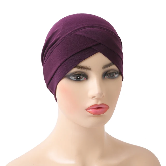 H117 High Quality Criss Cross Muslim Hijab Inner Hat Underscarf Pull On Islamic Scarf Turban Caps Full Headcover Women Headwrap purple
