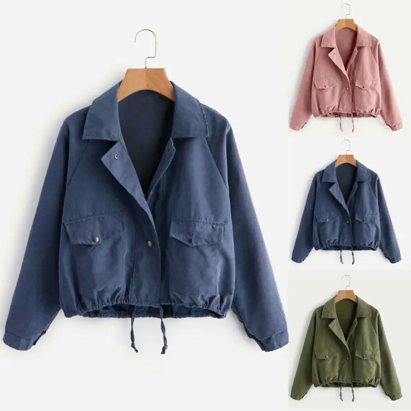 

Women Ladies Short Button Coat Bomber Jacket Vintage Summer Pocket Coat Cardigan