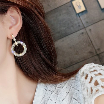 

New Creative Design Elegant Gold Color Earrings For Women Geometric Big Circle Dorp Earrings Crystal Round Ear Jewerly Gift