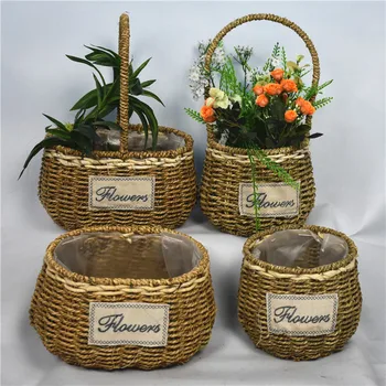 

Wicker straw woven portable flower basket rattan fruit blue pot flower basket idyllic succulent flower pot