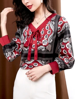 

Spring Women Tops And Bloues Printed Chiffon Loose Silk Shirt Formal Floral Print Tops Ladies Blouses V-neck Long Sleeve