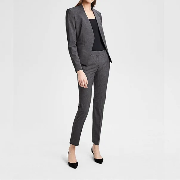 Top Quality Wool Grey/Blue/Black No Button Blazer Top+ Suit Pants- Ol Fall Blazer Pants Suit Set Women