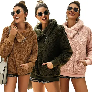 

Women Winter Wool Blends Hoodies Jackets Outerwear Tops Winter Warm Sweatshirts Fluffy Pullover Soft Plush Coat
