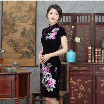 

Chinese Women Embroidery Flower Velour Tight Vestidos Slim Qipao Vintage Button Short Cheongsam Dresses Oversize 3XL-4XL