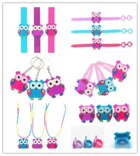 

Jiangzimei 24pcs Cartoon Colorful cute Owl Silicone bracelet Clap Rings Rings, hairpins, necklaces, key chains for Kid Children