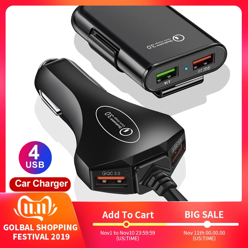 

KSTUCNE Front/ Back Seat 4 Port USB Quick Charge 3.0 Car Charger For iPhone Huawei 60W 12A Fast Phone Charger For Xiaomi Samsung