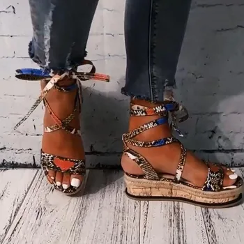 

Women Sandals Gladiator Wedges 2020 Summer Female Open Toe Snake Pattern Platform Shoes Ankle Cross Strap Beach Shoes Plus Size