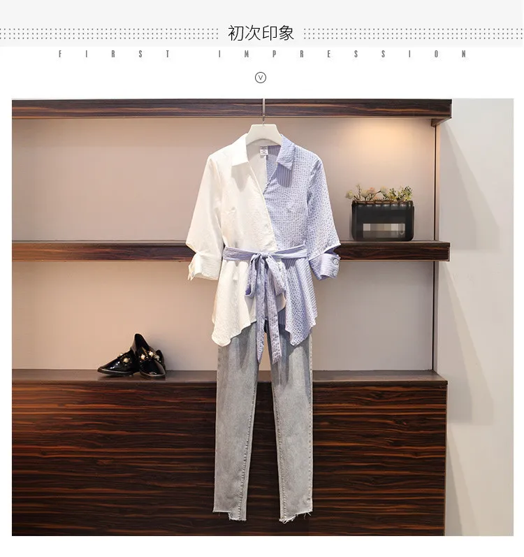 Summer Women Plus Business Office Casual Short Sleeve Tshirt+Retro Long Jeans Two Piece Pant Set Suit Large Size L-4XL