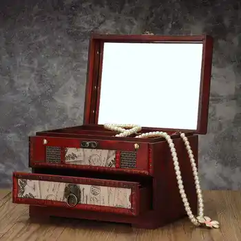 

Antique Wooden Storage Box Makeup Cosmetic Organizer with Mirror Jewelry Ornaments Storage Box Carrying Case Creatives Gift