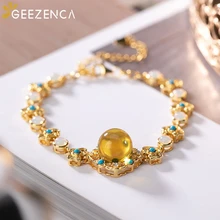 Lussuoso elegante blu naturale ambra S925 argento placcato oro bracciale da donna pietra di luna turchese braccialetto braccialetto regalo gioiello