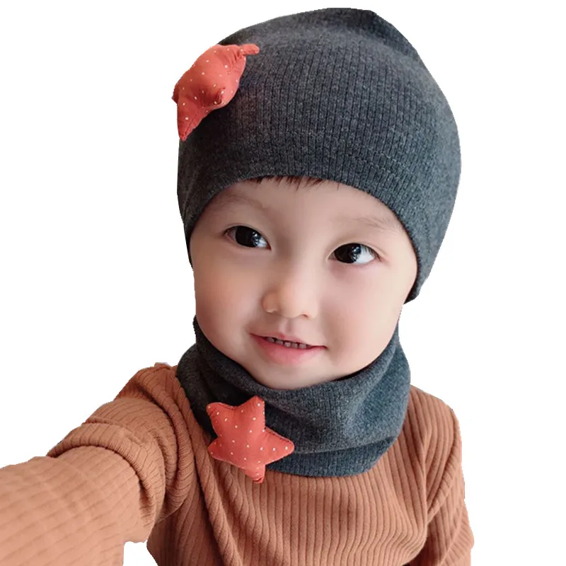 Autumn and Winter New Knit Collar Cap Suit Cotton Neckerchief Children Ring Scarf Hat 2 piece Baby Hats Set