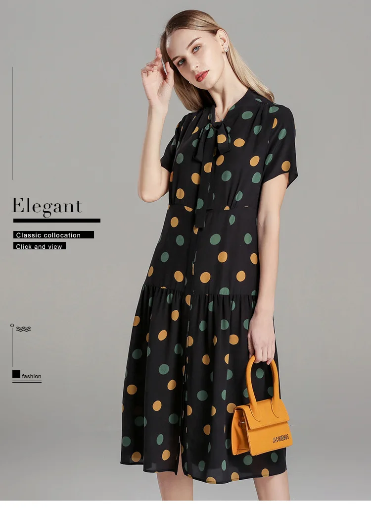 Европейское и американское винтажное волнистое платье Настоящее шелковое платье новое летнее высококачественное платье с бантом воротник с коротким рукавом средней длины