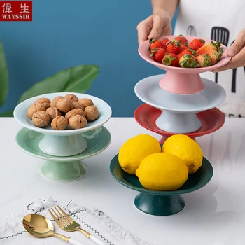 

Nordic Under-glazing Colorful Porcelain High Leg Fruit Plate Ceramics Nut Tray Salad Dish Buffet Dinner ECO Tableware Stand