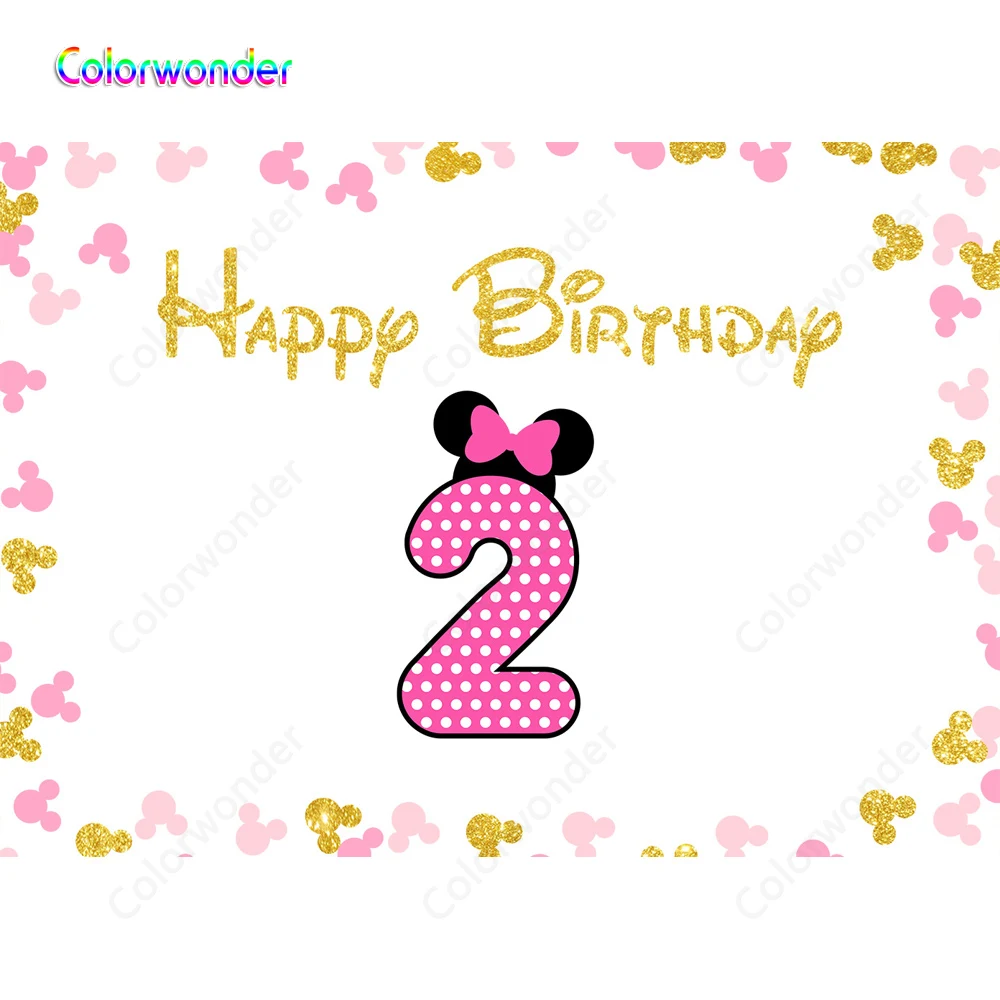 

White Backgrounds Minnie Mouse Series Pink Two with White Dots 7x5ft Happy 2 Years Old Girl Birthday Party Backdrops for Newborn