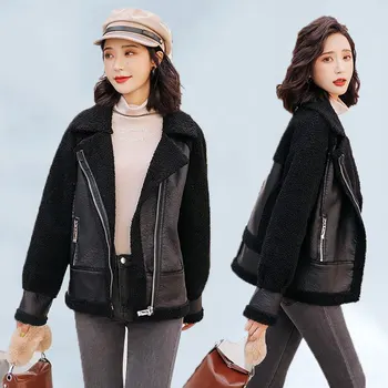 

Warm Women's Winter Motorcyle Velvet Jacket Female Short Lapels Fur Thick Korean Version Plus Velvet Jacket 2019 Bomber Jacket