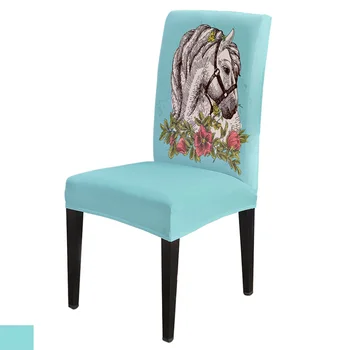 

Cartoon Animal White Horse Chair Cover for Dining Room Chairs Covers High Back Living Room Chair Cover Sets for Home Kitchen