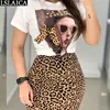 Conjunto de dos piezas para mujer, camiseta informal con cuello redondo y falda, estampado de leopardo, conjunto de oficina, Ropa ajustada elegante ► Foto 3/3