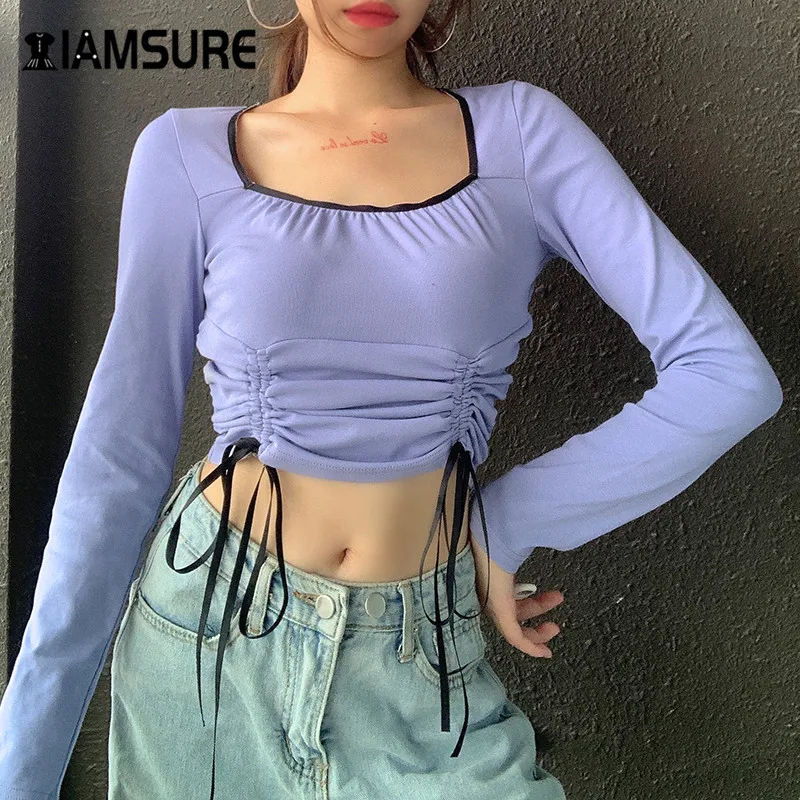 

IAMSURE 2020 Autumn Long Sleeves Women Drawstring Crop Tops Female Korean Streetwear Contrast Color Square Collar T-Shirt Purple