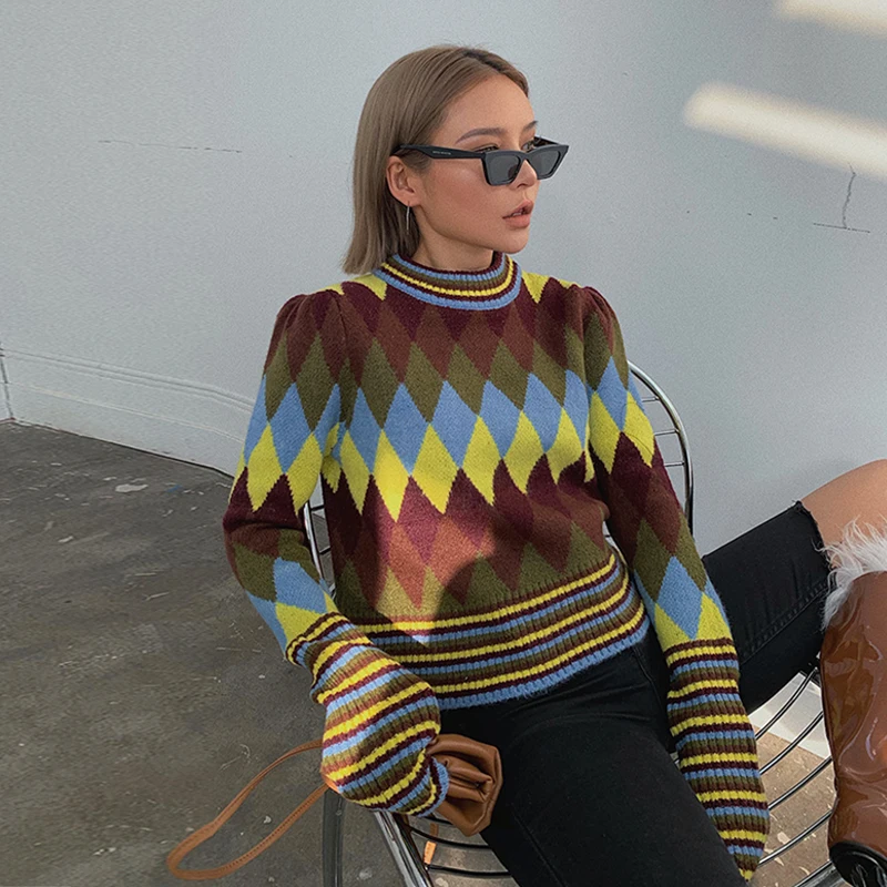 

2019 new fashion casual women's clothing Autumn and winter bubble sleeve diamond plaid sweater pullover sweater female wild tide