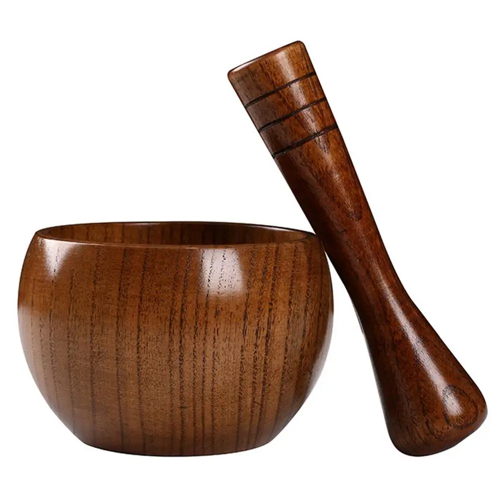 Natural Handcrafted Bamboo Bowl Flat-Bottomed Can And Garlic Stick Pounded Garlic Jar Round Pounding Garlic Mortar Wooden Grinde