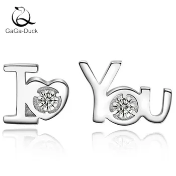 

New Fashion Jewelry Love Heart 925 Sterling Silver High-quality Personality Asymmetric "I LOVE YOU" Crystal Stud Earrings E420