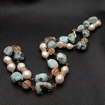

30'' Natural Blue Larimar Nugget Freshwater White Baroque Pearl Necklace