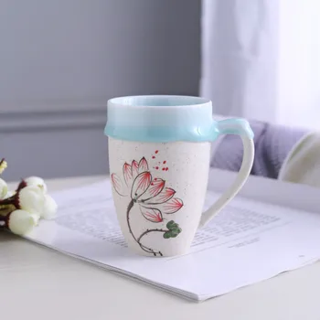 

Creative cups ceramic glaze flow and flower pattern mug hand-painted ice cream cup for lovers mug