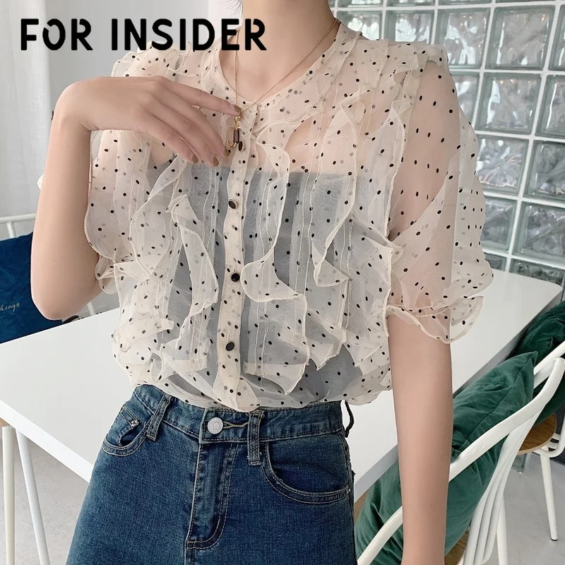 

For Insider Polka dot chiffon ruffle vintage blouses tops Short sleeve sexy mesh transparent ladies blouses Korean blouse shirt