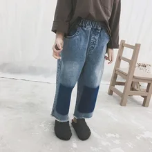 Весенние новые стильные эластичные джинсы для мальчиков и девочек Детские винтажные ковбойские брюки из хлопка в японском стиле