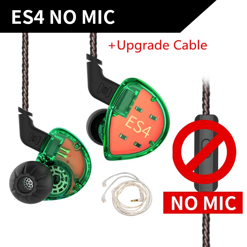 KZ ES4 1BA+ 1DD гибридные наушники-вкладыши Hifi Динамический драйвер шумоподавление Гарнитура замена кабеля AS10 ZSX ZST ES3 ZSN - Цвет: green no mic silver