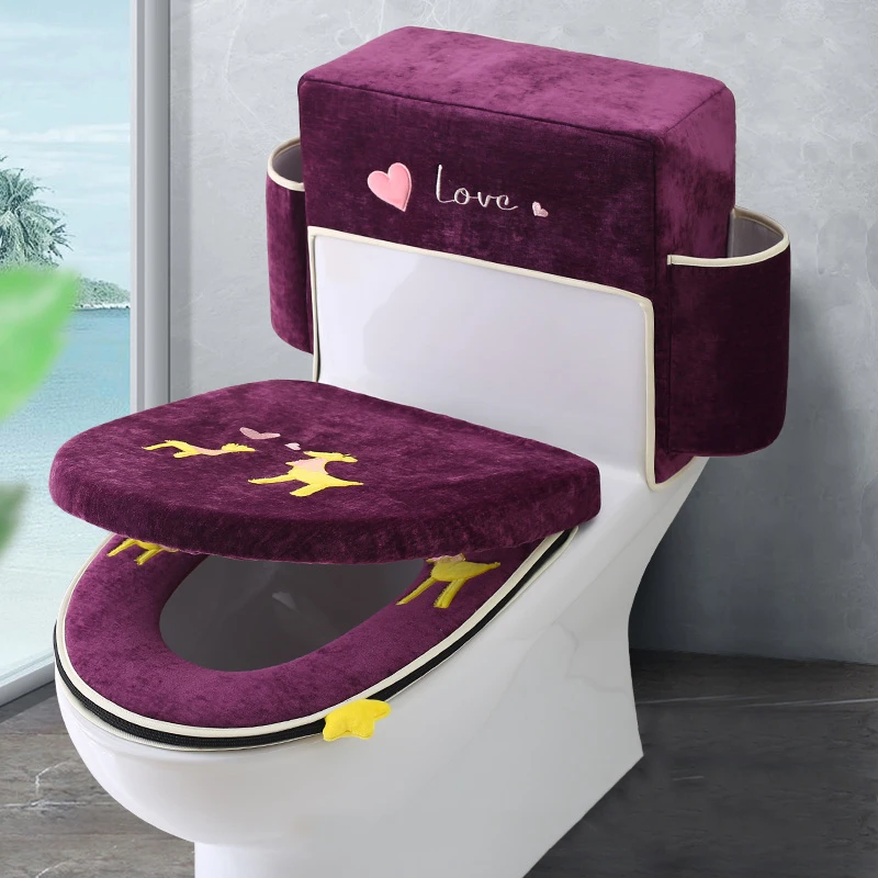 Purple Deer Чехол для сиденья унитаза, комплект из 3 предметов, бархатная теплая подушка для сиденья, домашняя Водонепроницаемая Антибактериальная крышка водяного бака для туалета - Цвет: Purple Deer