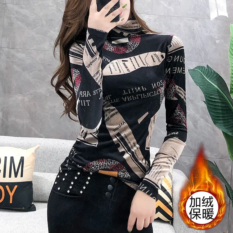 

High collar T-shirt bottoming shirt women's spring and autumn new fashion foreign style printed elastic top women's long sleeves