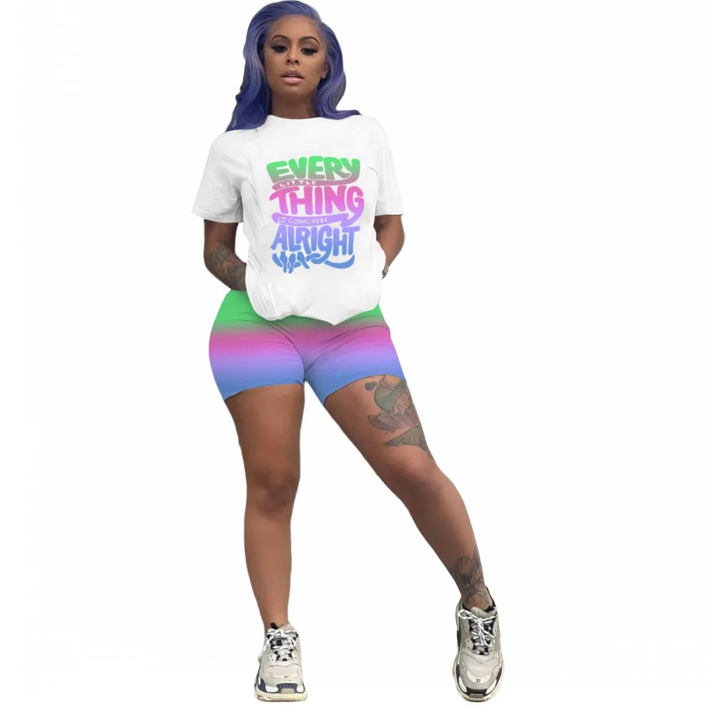 2021Summer New T-shirt 2 Pieces Suit Women Round Neck Short Sleeve Top + Gradual Change Shorts Suit African Alphabet Sports Suit