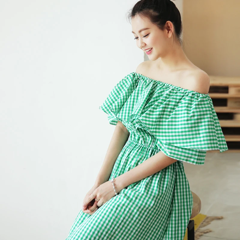 CHICEVER Elegant Plaid Dress For Women Off Shoulder Slash Neck Short Sleeve High Waist Ruffles Midi Dresses Female Summer