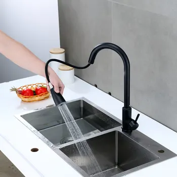 

360 Degree Rotation Sink Tap Black Pull-out Faucet Manual Screw-down Faucet Stainless Steel Sink Water-tap Kitchen Accessories