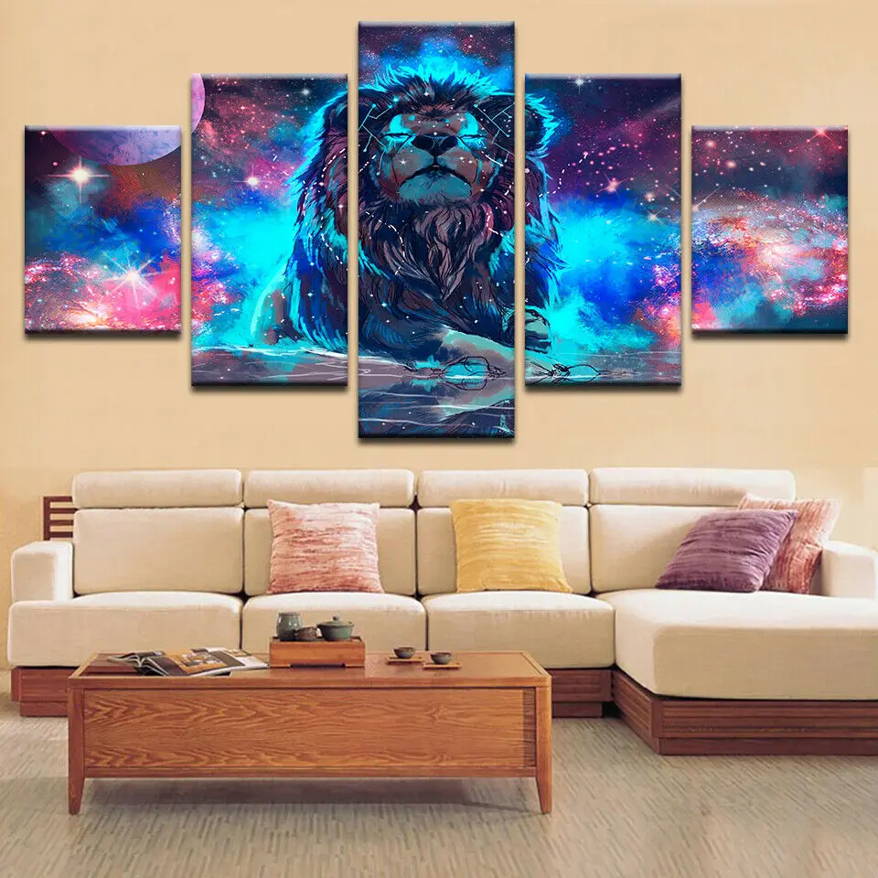 

No Framed Glowing Lion Abstract Animal 5 Panel Canvas Picture Print Wall Art Canvas Painting Wall Decor for Living Room