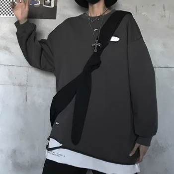 

Rosetic Men Hoodies Oversize Black Trend Fake Tow Pieces Design Gothic Streetwear Ripped Autumn Hoodie Sweatshirt Couple Tops