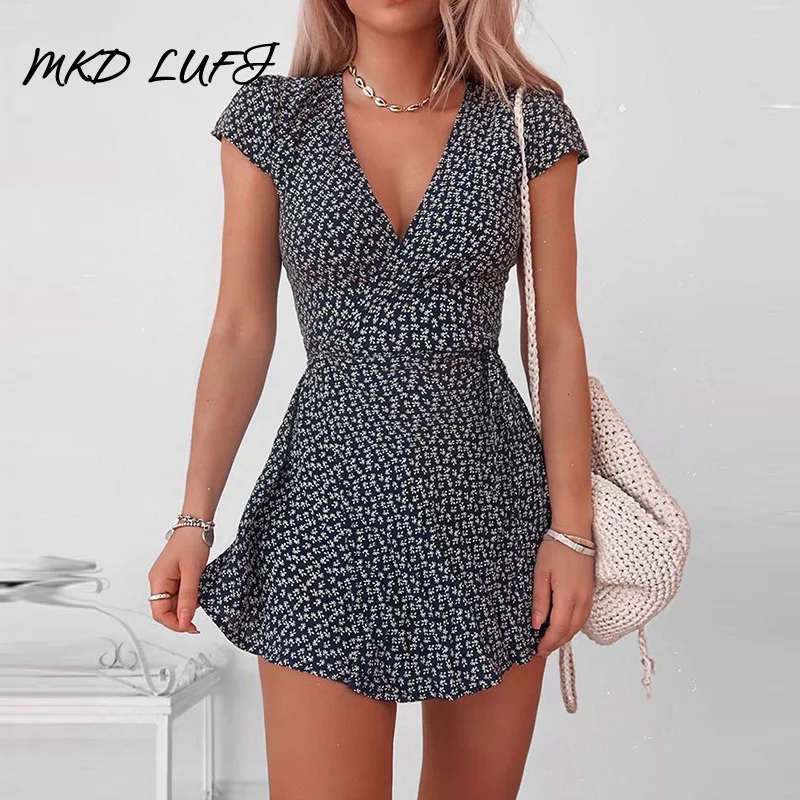 Floral Print Short Sleeve Wrap Dress | Женская одежда