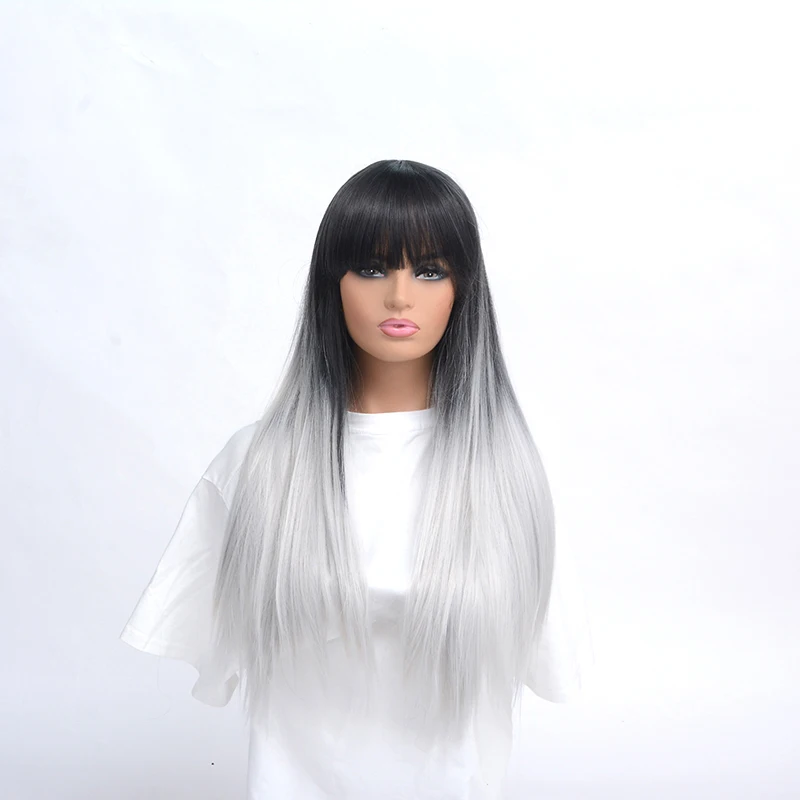 WHIMSICAL W 26 inch Long Straight Black Gray Ombre Wig With Bangs Gray Color Heat Resistant Hair Synthetic Wig for Women