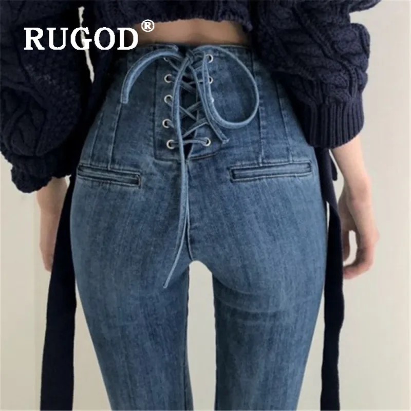 RUGOD, новинка, женские джинсовые брюки с завышенной талией и перекрестными ремешками, корейские шикарные сексуальные брюки