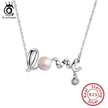 ORSA JEWELS Natural Freshwater Pearl "LOVE" Necklace Real 925 Silver Rose Gold Plated Women Anniversary Gift Fine Jewelry GPN03