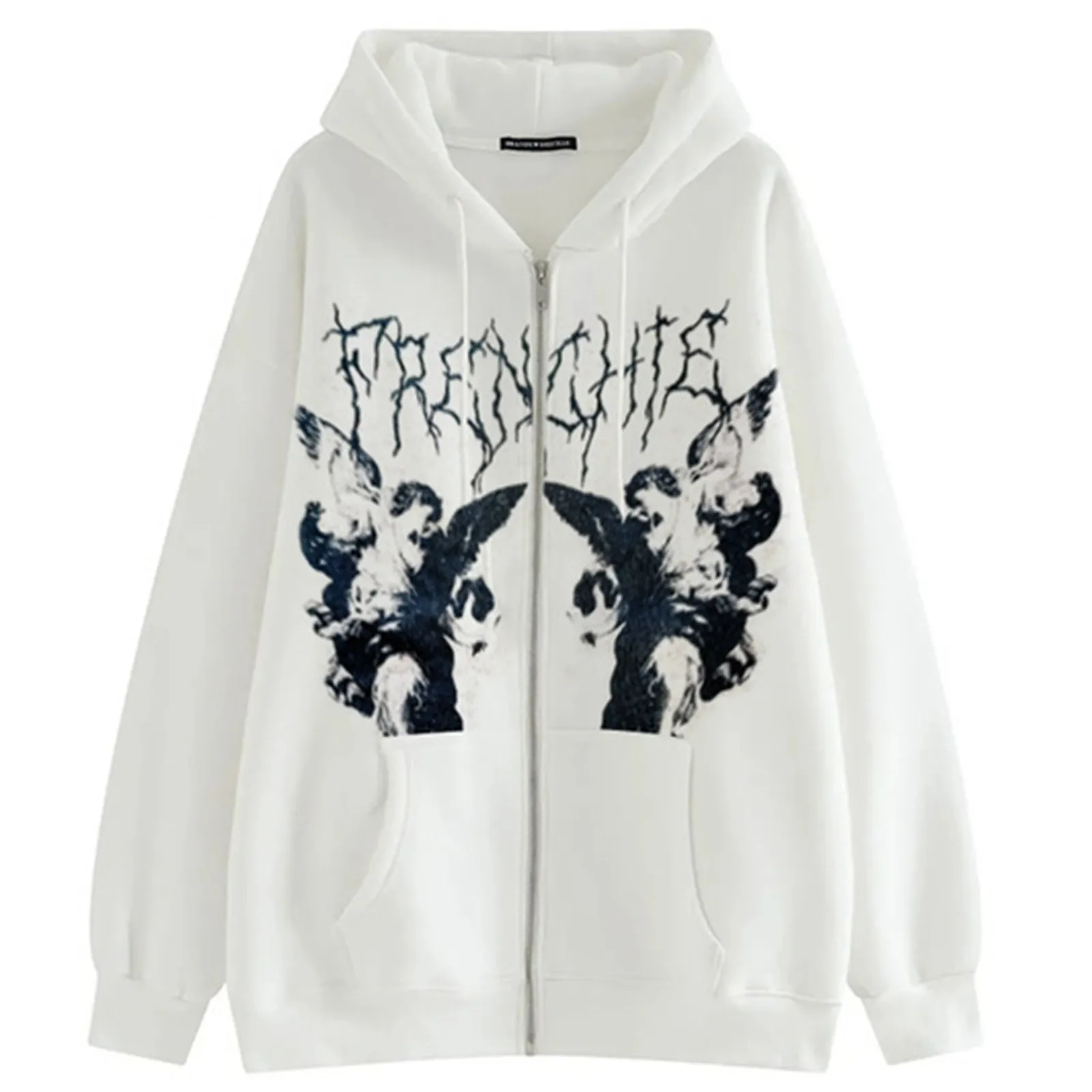 Women's Hooded Jacket Y2k Fashion Angel Dark Print Coat With Pockets Long Sleeves Zipper Loose Women's Clothes Streetwear 2