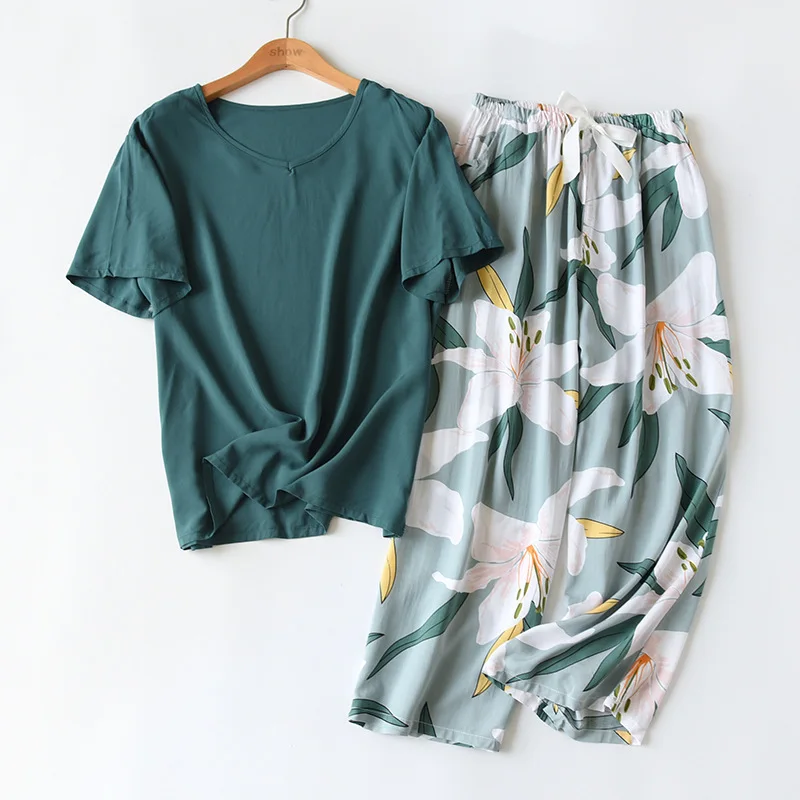 Women Comfort Rayon Pajamas Set 2Pcs Loose Thin Wide Leg Floral Printed Short Sleeve + Pants Spring New Ladies Household Sleepwear women pajamas set women pajama suit