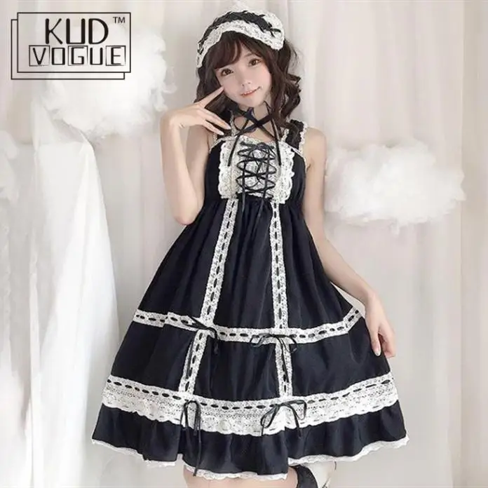 Lolita Dress Sweet Girls Cute Japanese Kawaii Spaghetti Strap Maid Vintage Lace Ribbons Headwear Lace Women Summer Party Prom lolita dress,lolita suspender dress,lolita cosplay costumes
