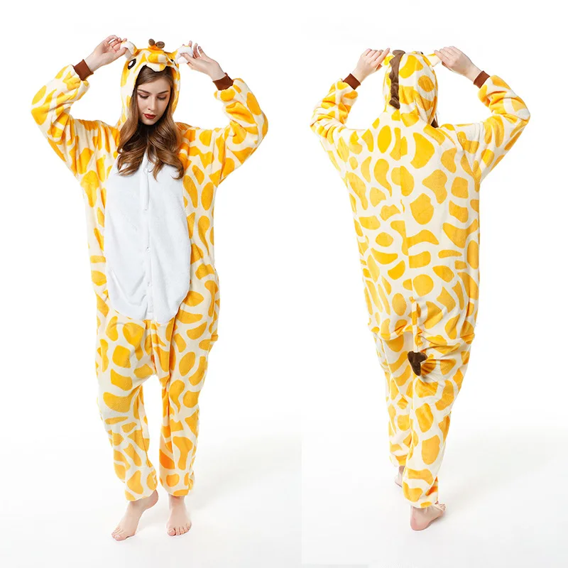 

Winter Cartoon Onesies Pajamas Adults Yellow Giraffe Animal Unisex Flannel One-Piece Sleepwear Christmas Halloween Costume