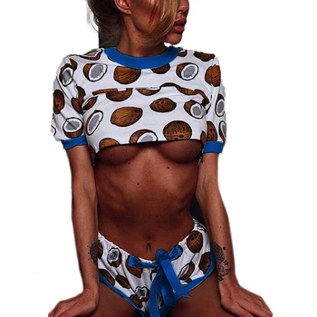 

Sexy Women Pajama Sets Short Sleeve Print T-shirt Crop Tops High Waist Shorts 2020 New Two-pieces Sleepwear Nightwear